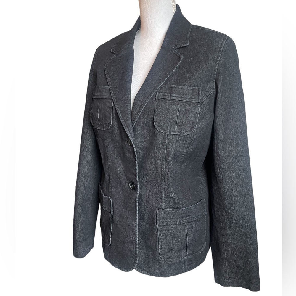 Attention Women’s Black Denim Double Button Blazer Jacket Pockets Lined Size 14